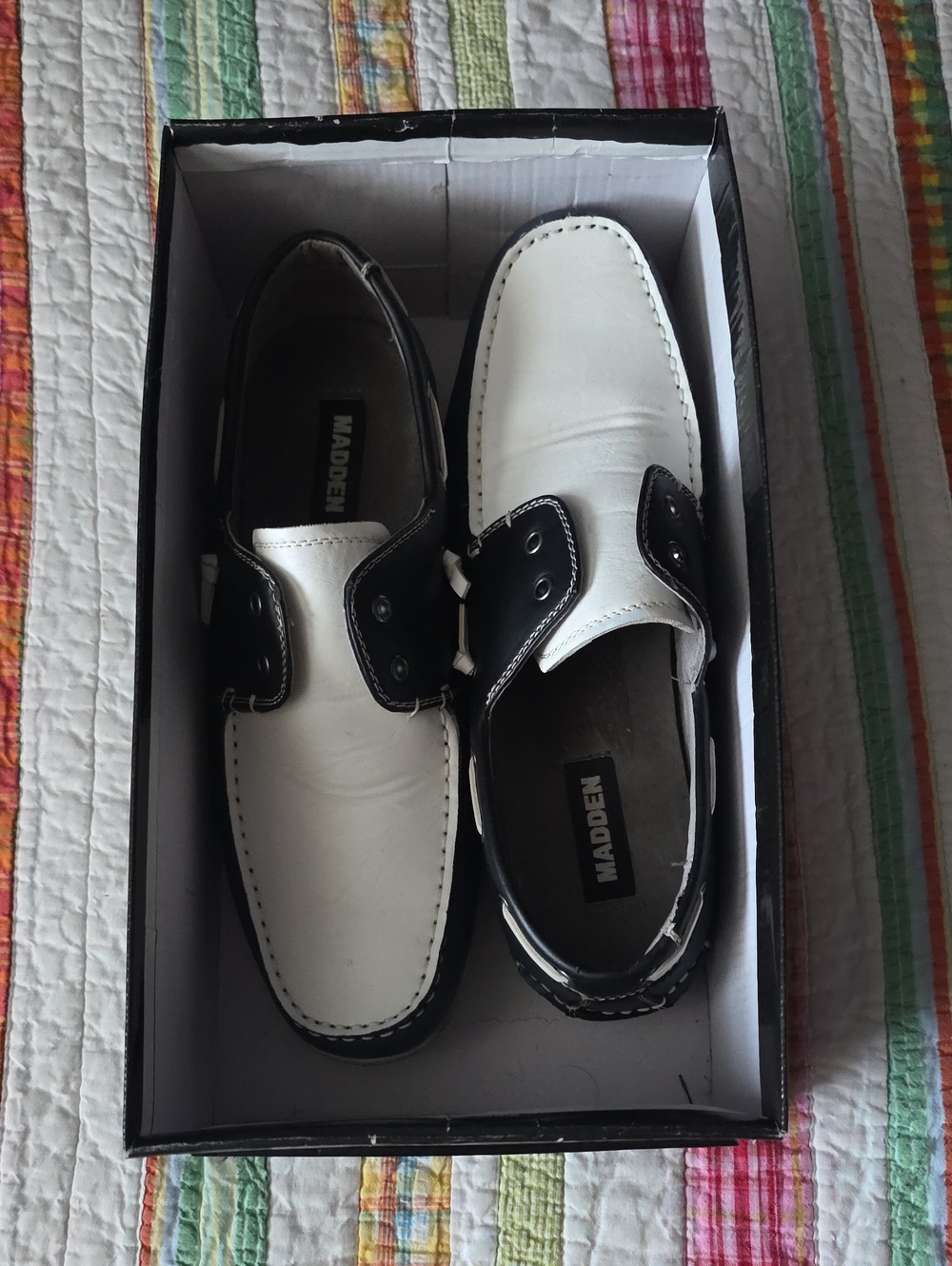 Men's Madden White Black Blue Slip-On Boat Shoes